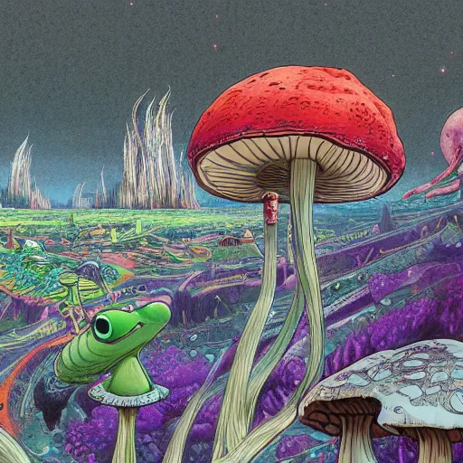 Image similar to A close up portrait of a dignified psychedelic godlike anthropomorphic frog smoking an anime blunt , magic mushroom village in background . award winning. superb resolution. in the art style of junji Ito and greg rutkowski . Detailed Mushroom city in background. Hyper realistic anime. Perfect art. Dalle2