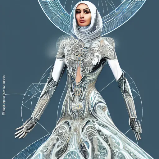 Image similar to a beautiful arabian woman wearing a futuristic dress by alexander mcqueen, artgerm, alex gray, android jones, fashion show, futuristic, organic dress, seamless pattern, concept art, fantasy