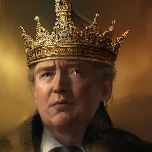 Prompt: Portrait of the King president of the america wearing his crown, the king president of united states of america, wearing his crown, digital painting, artstation, concept art, Craig Mullins , Breathtaking, 8k resolution, extremely detailed, beautiful, establishing shot, artistic, hyperrealistic, octane render, cinematic lighting, dramatic lighting, masterpiece, light brazen, extremely detailed and beautiful face