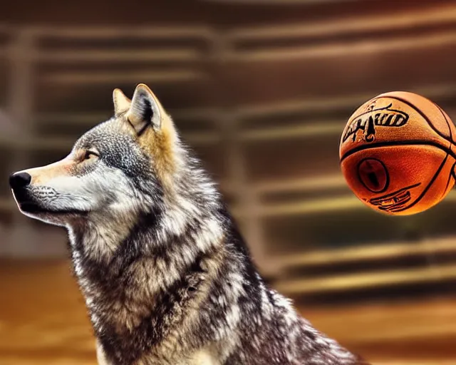 Image similar to wolf playing in nba, realistic photograph, cinematic, award winning photo, 4 k