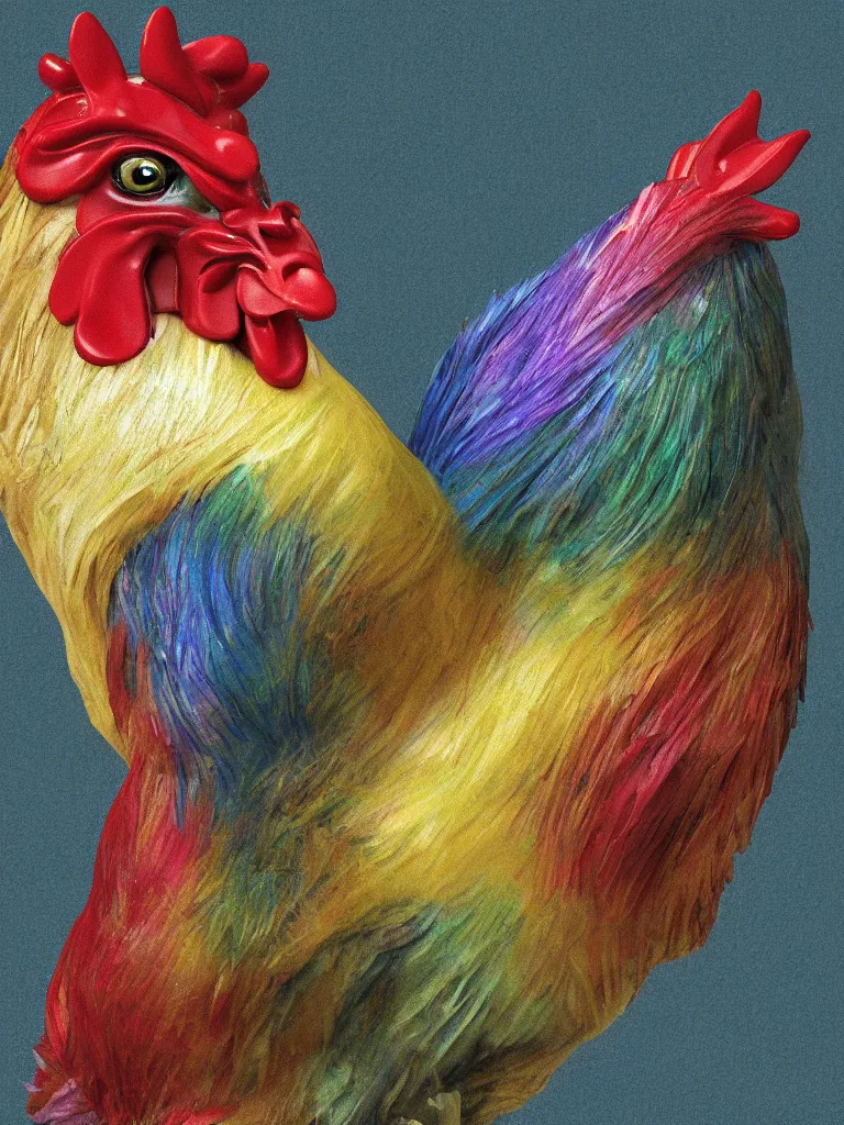Image similar to 'a painted Easter egg that is imagining becoming a chicken as imagined by a iridescent rooster as imagined by a cat that is laying half asleep on the windowsill as the mentally ill geek girl reads the cat's thoughts concerning the iridescent rooster is imagining a beautiful painted Easter egg that is imagining turning into a chicken.' 3D render at 16K resolution. epically surreally epic image. rendering amazing detail. vivid clarity. ultra shadowing. mind-blowing quality.