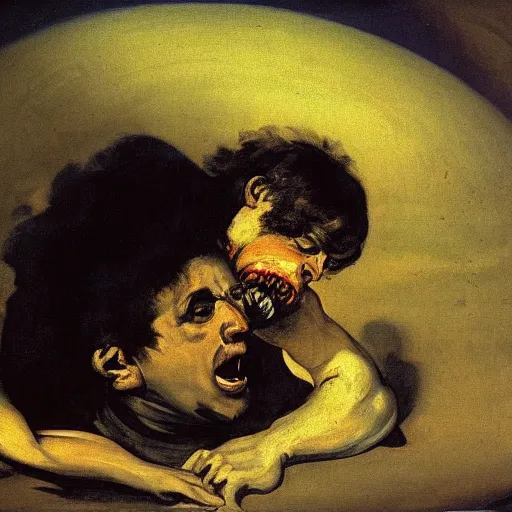 Prompt: saturn devouring his son, painting by francisco goya, oil painting