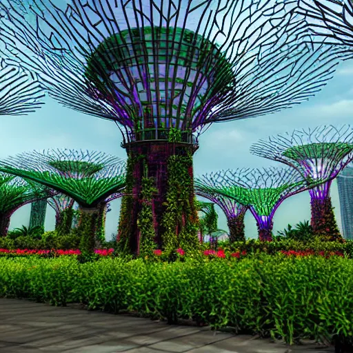 Prompt: garden by the bay attacked by robots, photorealistic, ultra - detailed, octane 4 k render, hdr shot