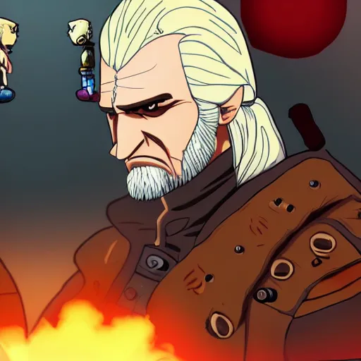 Prompt: geralt of Rivia vs freddy fazbear anime battle