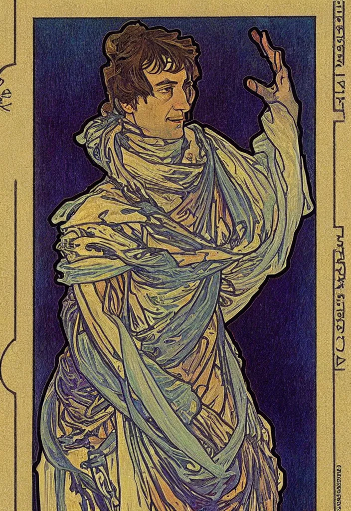 Image similar to Geoffrey Hinton portrayed on a tarot card, tarot in art style by Alphonse Mucha