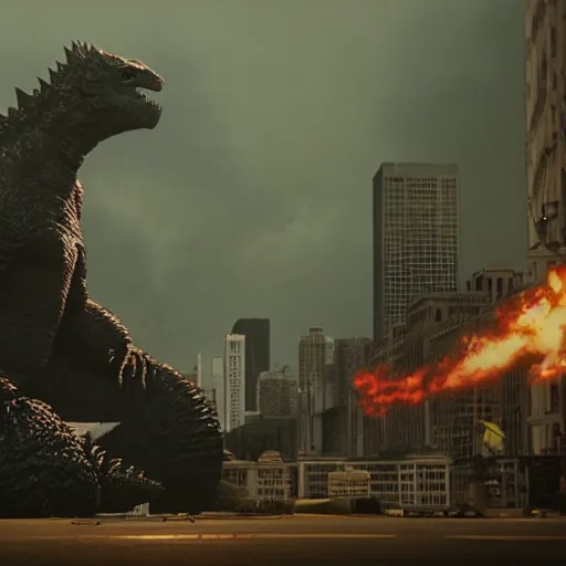 Prompt: thicc godzilla is destroying chicago film still 4k