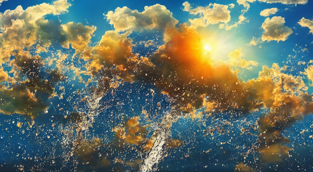 Prompt: Massive drops of water in a cloudless sky, sunny weather, saturated colors, hyper detailed photorealistic