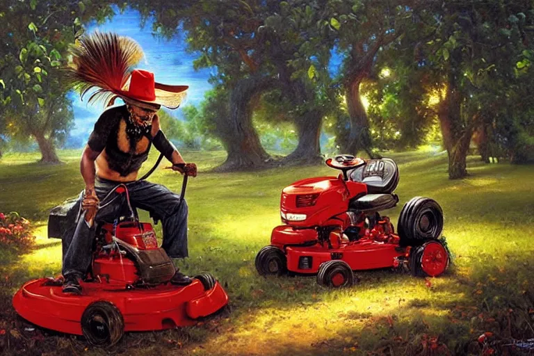 Prompt: portrait of wwf papa shango riding a lawn mower, an oil painting by ross tran and thomas kincade