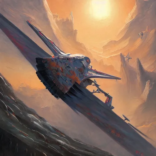 Prompt: detailed painting of a spaceship coming in to land between two mountains, fantasy, high detailed, sabbas apterus