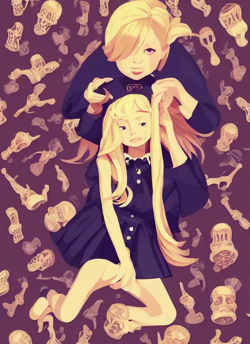 Image similar to little girl with long blonde hair sitting on a pile of plastic decor skulls. clean cel shaded vector art. shutterstock. behance hd by lois van baarle, artgerm, helen huang, by makoto shinkai and ilya kuvshinov, rossdraws, illustration, art by ilya kuvshinov