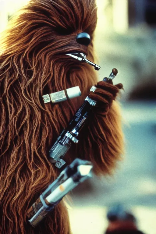 Prompt: photo of chewbacca smoking a cigarette in mos eisley, cinestill 8 0 0 t, 8 5 mm f / 1. 8, bokeh, cinematic