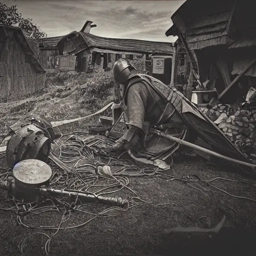 Image similar to wise angle photo of viking in armor working on the mechanical ancient device, tools and junk on the ground,wires and lights, old village in the distance, vintage old photo, black and white, sepia