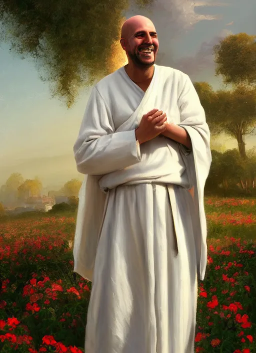 Prompt: oil painting portrait of a happy joyful rejoicing smiling tonsured dominican monk in a white habit, standing in a flourishing garden at sunset with a monastery in the background, hazy, digital art, chiaroscuro, artstation, cinematic, golden hour, digital art painting by greg rutkowski, hazy atmosphere, flowers, cinematic lighting