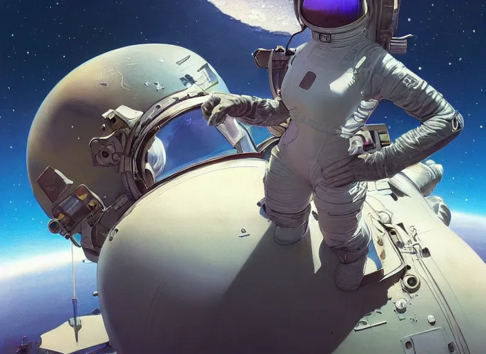 Prompt: closeup shot of a gorgeous inspiring girl in space suit doing a maintenance of a space station in orbit of the moon by Craig Mullins, ilya kuvshinov, krenz cushart, artgerm trending on artstation by Edward Hopper and Dan Mumford and WLOP and Rutkovsky, beksinski carl spitzweg moebius and tuomas kocar, intricate artwork by caravaggio, Unreal Engine 5, Lumen, Nanite