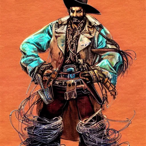 Prompt: mexican vaquero, yoshitaka amano character design, spaghetti western