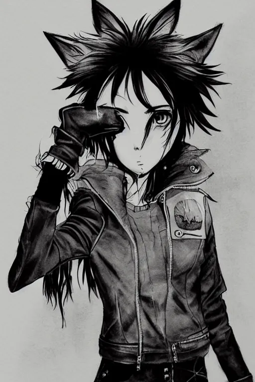 Image similar to portrait of a punk girl in a leather jacket wearing a wolf's head over her face, anime sketch, cool girl with wolf on her head, studio ghibli, miyazaki