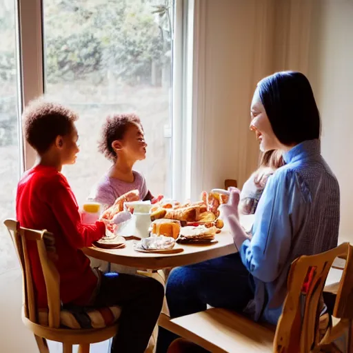 Prompt: a family having breakfast at morning, sunny light coming from a window