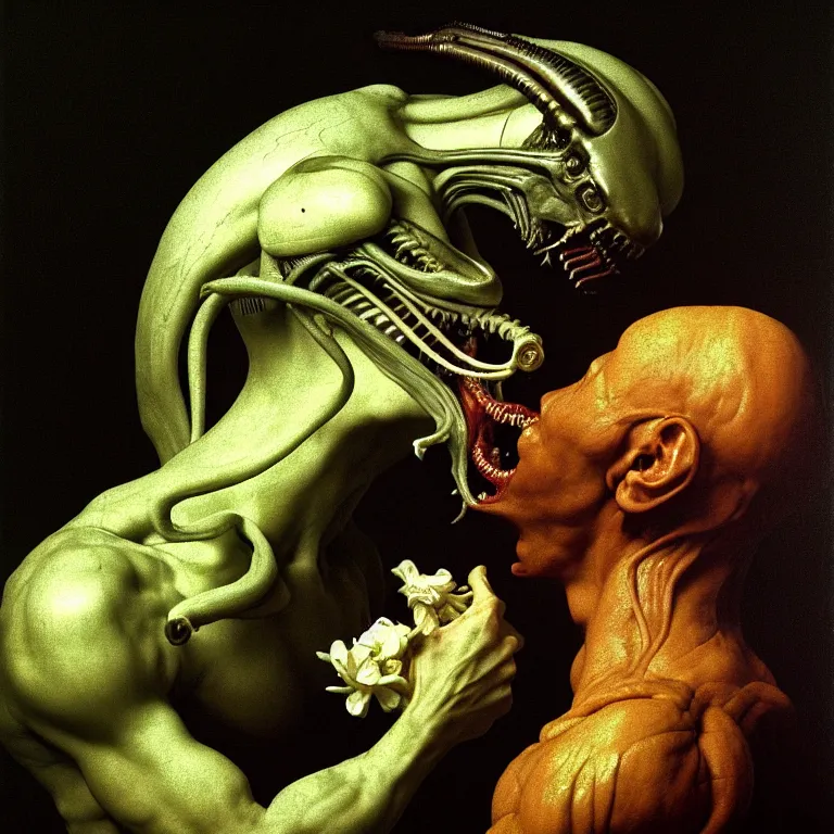 Image similar to portrait of a beautiful man kissing xenomorph by hieronymus bosch, soft bloom lucid dream - like ethereal dark atmosphere, baroque portrait painting, perfect composition, intricate detailed octane render trending on artstation, 8 k artistic photography, volumetric cinematic perfect light, chiaroscuro, masterpiece, raphael, caravaggio, rutkowski, beeple, beksinski