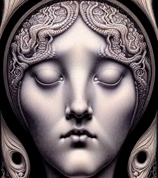 Image similar to detailed realistic beautiful porcelain moon goddess face portrait by jean delville, gustave dore, iris van herpen and marco mazzoni, art forms of nature by ernst haeckel, art nouveau, symbolist, visionary, gothic, neo - gothic, pre - raphaelite, fractal lace, intricate alien botanicals, ai biodiversity, surreality, hyperdetailed ultrasharp octane render