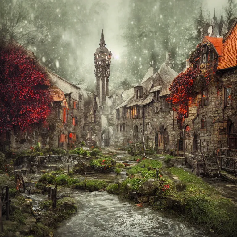 Prompt: medieval village, ornate, beautiful, atmosphere, vibe, mist, smoke, chimney, rain, well, wet, pristine, puddles, red speckled mushrooms, waterfall, melting, dripping, snow, creek, lush, ice, bridge, cart, orange, green, stained glass, forest, flowers, concept art illustration, color page, trending on artstation