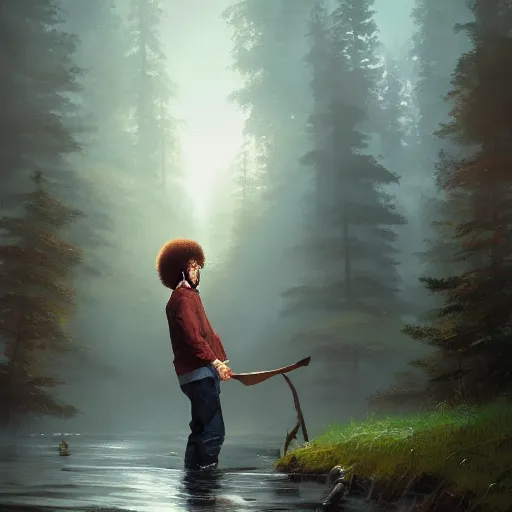 Image similar to Bob Ross throwing away paintings, illustrated by Greg Rutkowski, photorealistic facial features, trending on artstation, 4k, 8k