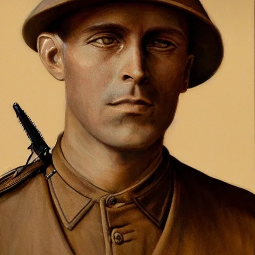 Image similar to a detailed photorealistic sepia - toned color portrait painting of a 1 9 1 7 worried clean - shaven british lieutenant in detailed field gear wearing a finely - detailed pith helmet in wadi rum, ultra realistic, intricate details, atmospheric, dark, horror, brooding, highly detailed, by clyde caldwell