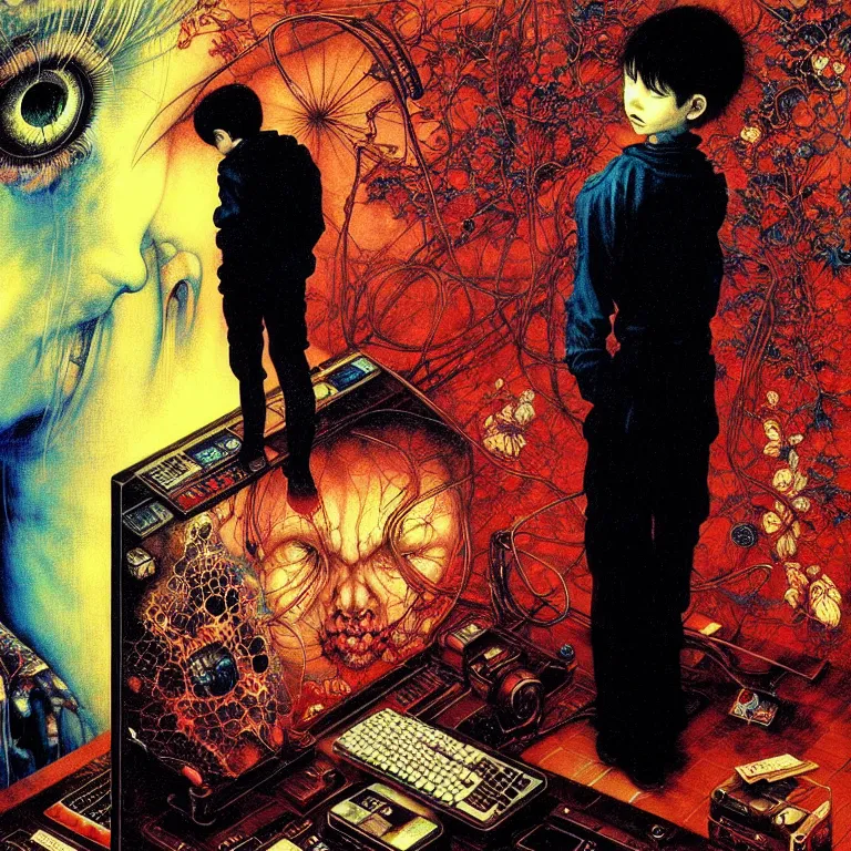 Image similar to a figure of a boy in front of a pc computer monitor in an old soviet apartment by ayami kojima, amano, karol bak, neo - gothic, gothic, rich deep colors. beksinski painting, from a movie by david cronenberg. art by takato yamamoto. masterpiece. realistic detailed image