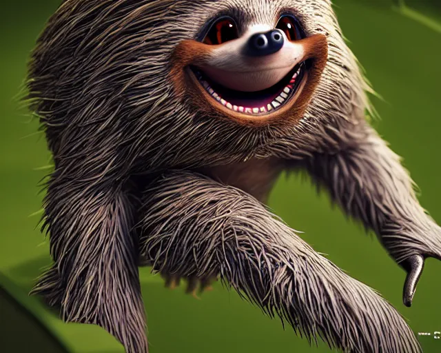Prompt: sonic the hedgehog as a sloth, weta hyperrealism cinematic lighting and compositon