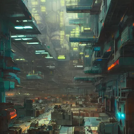 Image similar to concept art of a cyberpunk factory filled with drone workers, grimy, gritty, blade runner 2 0 4 9, trending on artstation, award winning painting, cgi, art by john berkey and anton fadeev and john howe and simon stalenhag