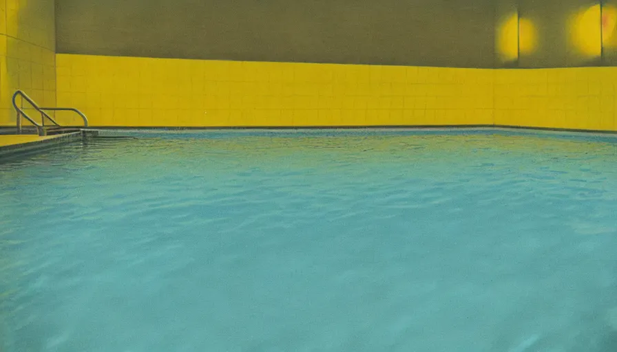 Prompt: 1 9 6 0 s movie still of empty light yellow tiles swimmingpool, low quality, liminal space style
