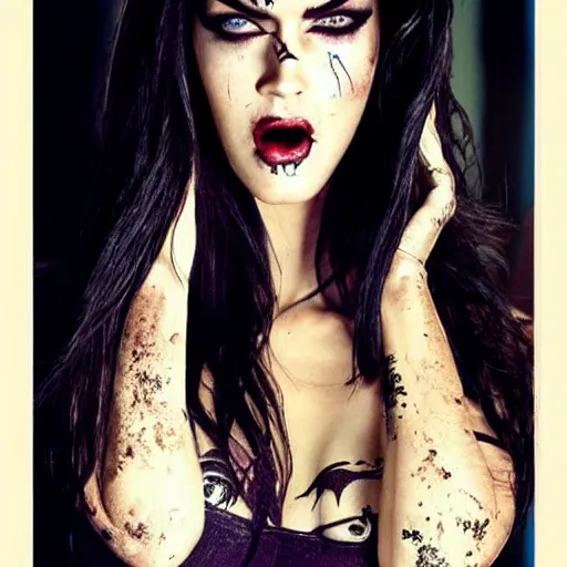 Prompt: megan fox portrait, halloween, halloween costumes, vampire, zombie, mummy, scary, dark, horror