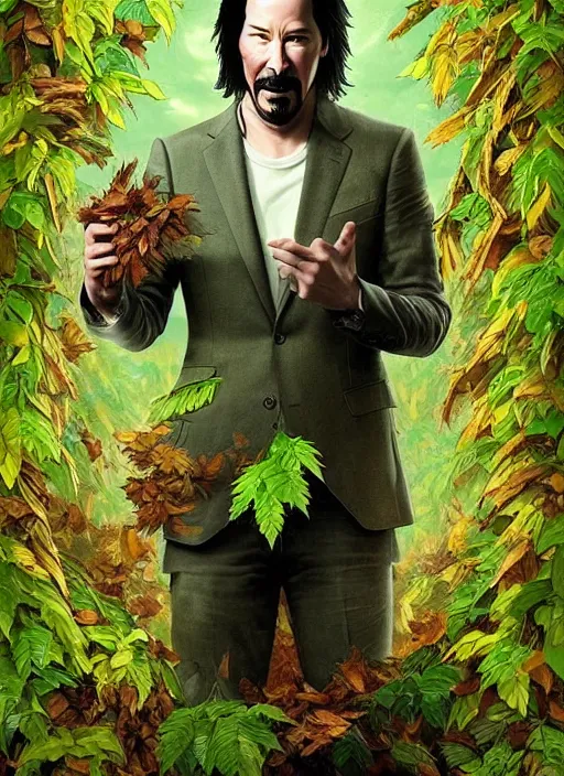 Image similar to highly detailed comedy caper movie poster with silly wacky zany keanu reeves as a sentient pile of leaves, keanu reeves green face as a sentient leafy bush by greg rutkowski, masterpiece, really funny, 1 0 / 1 0 comedy