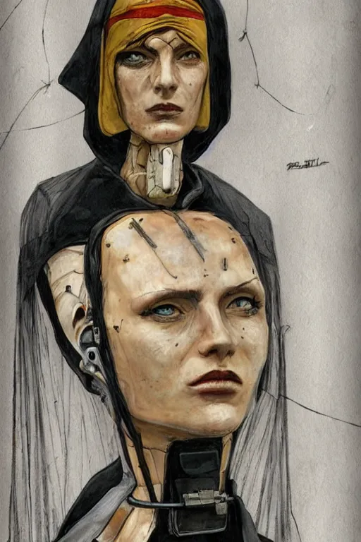 Image similar to portrait fashion model cyborg nun artwork by enki bilal