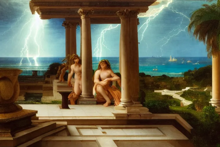 Image similar to mediterranean balustrade and columns, refracted lightnings on the ocean, thunderstorm, sun rays, greek pool, beach and Tropical vegetation on the background major arcana sky and occult symbols, by paul delaroche, hyperrealistic 4k uhd, award-winning, very detailed paradise