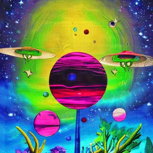 Image similar to Alien planet, lush foliage, cool color combination. Rainbow-colored sky. Flying alien creatures. Wall art stlye. By Daze and Lady Smith.