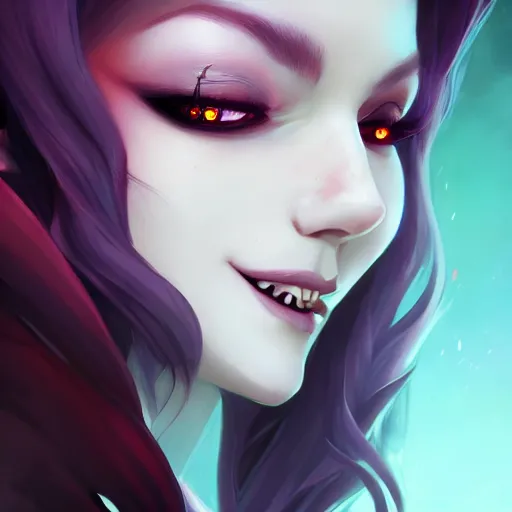 Image similar to a portrait of a beautiful vampire with fangs, art by lois van baarle and loish and ross tran and rossdraws and sam yang and samdoesarts and artgerm, digital art, highly detailed, intricate, sharp focus, Trending on Artstation HQ, deviantart, unreal engine 5, 4K UHD image