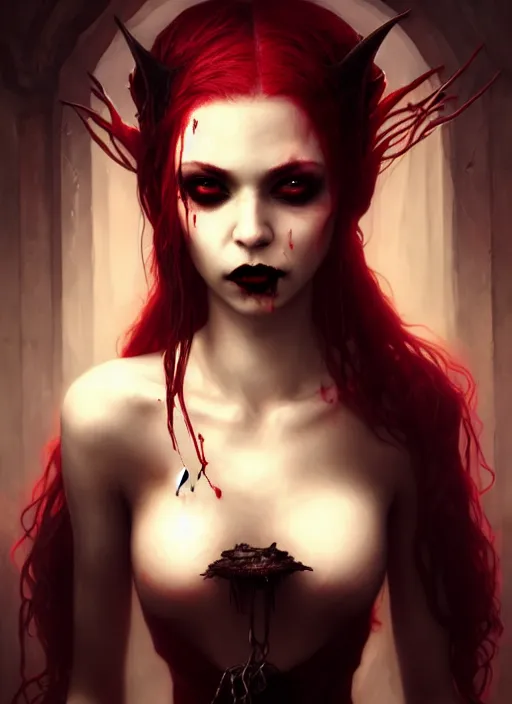 Image similar to beautiful, very very very extreme closeup portrait, bloody, vampire girl, extreme blood, vampire fangs, medieval dress. witch, makeup. unreal engine, greg rutkowski, loish, rhads, beeple, tom bagshaw, alphonse mucha, global illumination, detailed and intricate environment