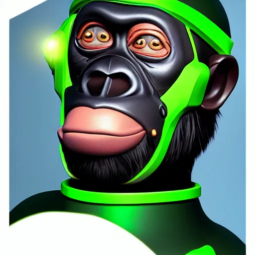 Prompt: stylized character portrait, of a cyborg chimpanzee super soldier with a green visor, artstation, octane engine, professional art