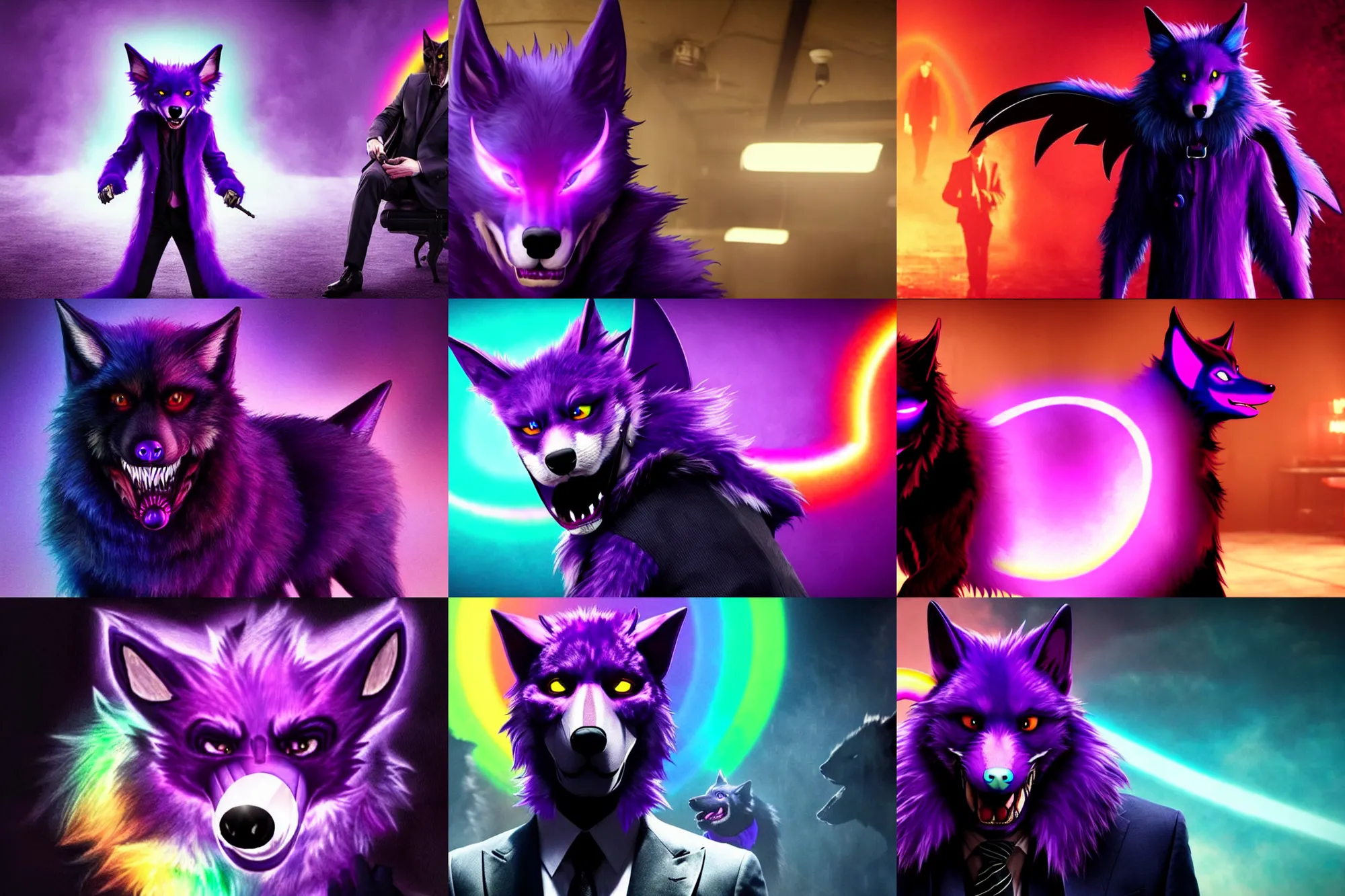 Prompt: ( with a glowing rainbow tail ) a purple wolfbat fursona ( from the furry fandom ) wearing an eyepatch, as a photo from the john wick movie series