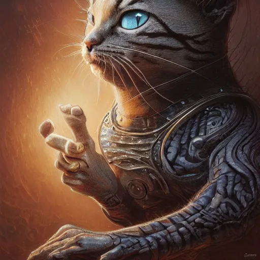 Image similar to low angle shot of a cat by clive barker, intricate, elegant, highly detailed, centered, digital painting, artstation, concept art, smooth, sharp focus, illustration, artgerm, Tomasz Alen Kopera, Peter Mohrbacher donato giancola, Joseph Christian Leyendecker, WLOP, Boris Vallejo.