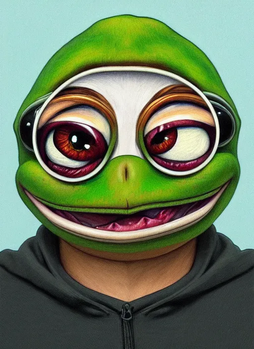 Image similar to pepe the frog!!!, character by matt furie!!!, sad, depressed, portrait, intricat, highly detailed, digital painting, artstation, concept art, wallpaper, smooth, sharp focus, illustration, art by artgerm and greg rutkowski and alphonse mucha