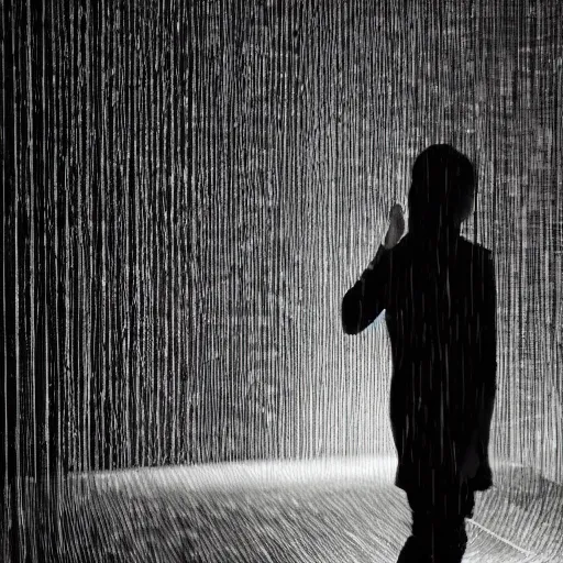 Prompt: rain room, art installation at the moma, extremely detailed, black and white photograph