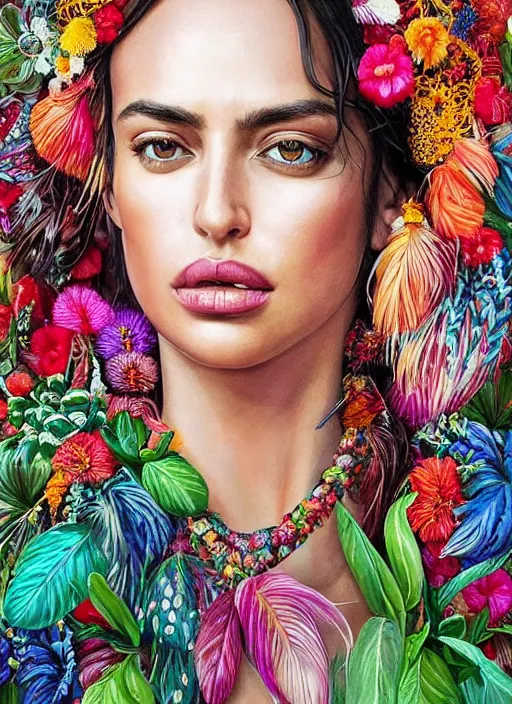 Image similar to beautiful portrait of Irina Shayk wearing fantastic Hand-dyed cotton dress,embellished beaded feather decorative fringe knots ,colorful pigtail,subtropical flowers and plants,symmetrical face,intricate,elegant,highly detailed,8k,digital painting,trending on pinterest,harper's bazaar,concept art, sharp focus, illustration, by artgerm,Tom Bagshaw,Lawrence Alma-Tadema,greg rutkowski,alphonse Mucha