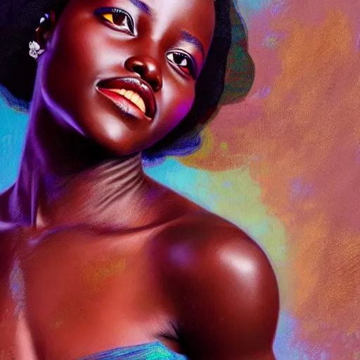 Image similar to gorgeous and beautiful lupita nyong'o, half body shot, angelic, path traced, highly detailed, high quality, digital painting, alena aenami, lilia alvarado, shinji aramaki, karol bak, alphonse mucha, tom bagshaw