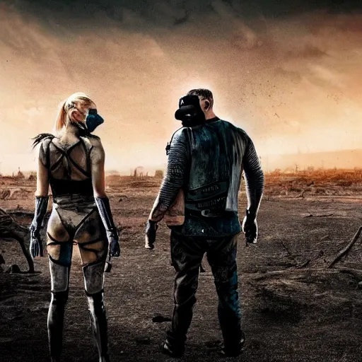 Image similar to a very huge, very big masked mutant man standing next to a very small blonde woman, they are staring at the horizon where there are the ruins of a city, postapocalyptic, mad max style, award winning photograph, over the shoulder, back, behind