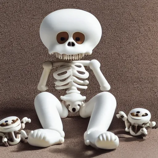 Image similar to a smiling off-white colored cheburashka skeleton shiny porcelain figurine sitting in front of a neutral background, 4k, high definition, detailed product shot, kaws, Jeff koons”