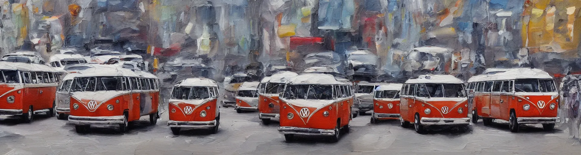 Prompt: a detailed oil painting of vw buses racing in the street