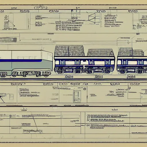 Image similar to blueprints for a nuclear powered train, high detail