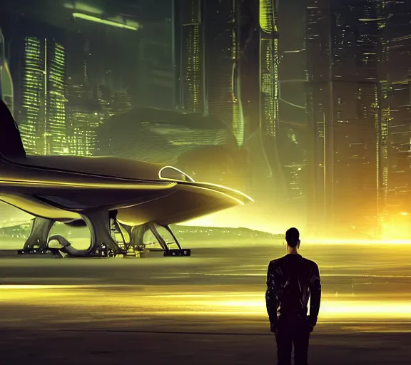 Image similar to man stands beside futuristic sci fi jet landed at runway of cyberpunk city, night photo ,dark cinematic lighting , digital concept art