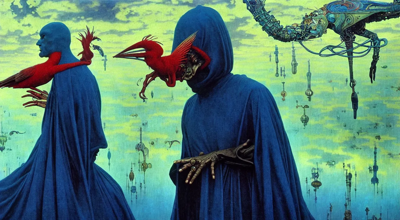 Image similar to realistic detailed portrait movie shot of a birdman wearing dark robes, sci fi city landscape background by denis villeneuve, amano, yves tanguy, alphonse mucha, ernst haeckel, max ernst, roger dean, masterpiece, rich moody colours, blue eyes, occult